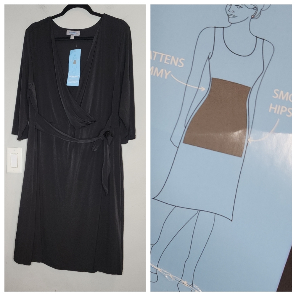 NWT B-Slim Black Dress Faux Wrap Knee Length Built In Slimming Liner 3X Stretchy